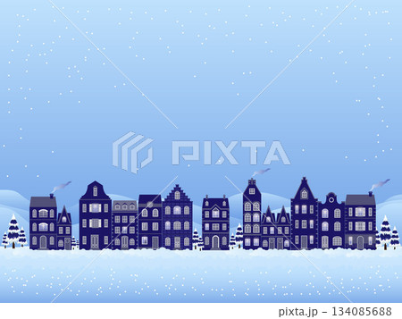 A winter village scene featuring a row of charming, old-style houses, with gentle snowflakes fall against a soft blue sky and wisps of smoke rise from chimneys. A winter village scene featuring a row of charming, old-style houses, with gentle snowflakes fall against a soft blue sky and wisps of smoke rise from chimneys. 134085688