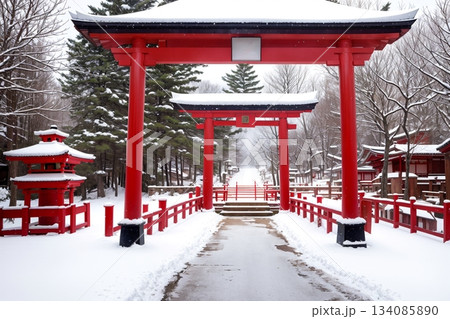 雪の神社参拝道 赤い鳥居の冬景色 雪の神社参拝道 赤い鳥居の冬景色 134085890