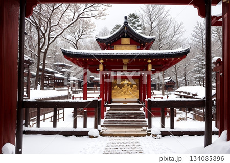 雪化粧の神社の拝殿 雪化粧の神社の拝殿 134085896