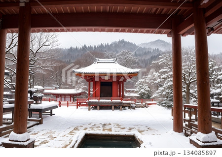 雪景色に立つ日本の朱色の社殿 雪景色に立つ日本の朱色の社殿 134085897