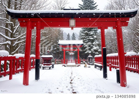 雪景色に佇む赤い鳥居と神社 雪景色に佇む赤い鳥居と神社 134085898