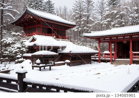 雪景色の日本の神社 冬の美しい寺院建築 雪景色の日本の神社 冬の美しい寺院建築 134085901