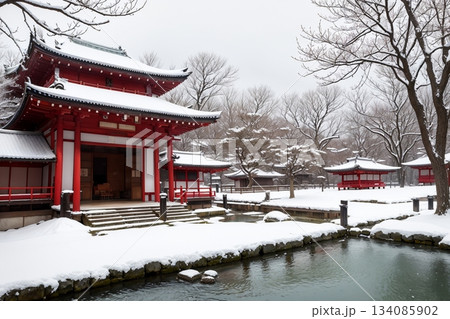 雪降る神社境内 静寂な日本の冬風景 雪降る神社境内 静寂な日本の冬風景 134085902
