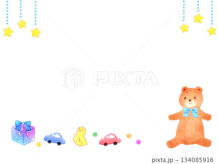 フレーム素材 可愛いくまのぬいぐるみ 男の子 手描きイラスト 赤ちゃん 子供向け パステル 色鉛筆  134085916