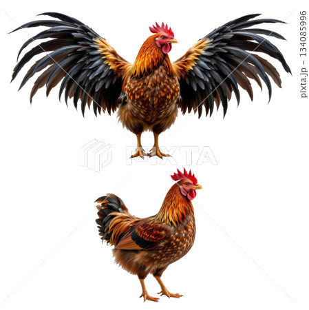 Rooster and hen with colorful feathers isolated on transparency background, showing natural beauty and farm animal charm 134085996