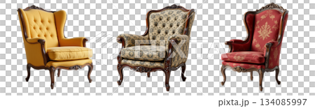 Classic armchair set with elegant wooden frame and patterned upholstery in yellow, beige, and red colors, isolated on white 134085997