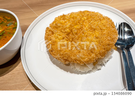 Golden omelet rice closeup 134086090