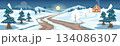 Landscape view of dirt road cutting through snowy slopes. Alone of houses with chimneys and smoke on hill. Background Santa Claus on a horse drawn sleigh with moon and stars on night sky. 134086307