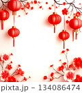 A bright festive design featuring vibrant red lanterns and tree branches with blooming red and pink flowers, with soft white background creates a clean, spacious center ideal for text or messages. 134086474