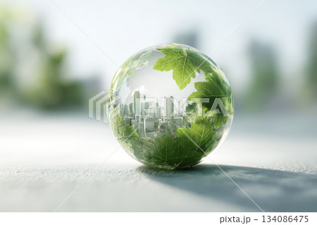 Eco city green leaf glass sphere sustainability nature urban skyline clean energy environment Eco city green leaf glass sphere sustainability nature urban skyline clean energy environment 134086475