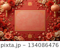A beautifully ornate red background with elaborate floral arrangements, gold accents, and traditional lanterns creates an elegant and festive composition, in shades of gold, red, peach, and cream. 134086476