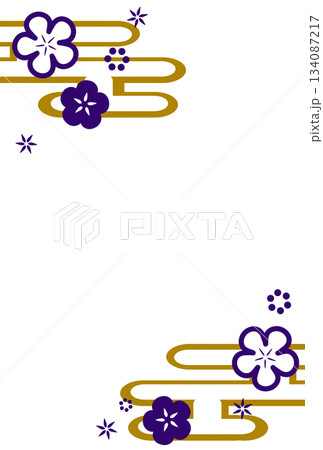 紫色のシンプルな花と霞の和風フレーム 134087217