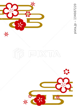 赤色のシンプルな花と霞の和風フレーム 134087220