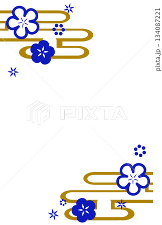 青色のシンプルな花と霞の和風フレーム 134087221