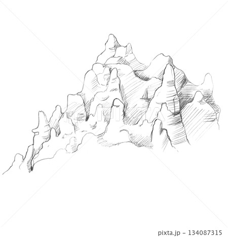 Mountain range in the background. Isolated pencil illustration for wallpaper, poster printing, eco-projects, nature reserve websites, and interior design of restaurants, lobbies, and hotel rooms. Mountain range in the background. Isolated pencil illustration for wallpaper, poster printing, eco-projects, nature reserve websites, and interior design of restaurants, lobbies, and hotel rooms. 134087315