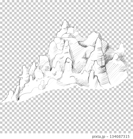Mountain range in the background. Isolated pencil illustration for wallpaper, poster printing, eco-projects, nature reserve websites, and interior design of restaurants, lobbies, and hotel rooms. Mountain range in the background. Isolated pencil illustration for wallpaper, poster printing, eco-projects, nature reserve websites, and interior design of restaurants, lobbies, and hotel rooms. 134087315