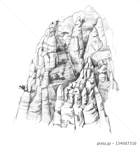 A mountain range with trees growing on it. Isolated pencil illustration for wallpaper, poster printing, eco-projects, nature reserve websites, and interior design of restaurants, lobbies,hotel rooms. A mountain range with trees growing on it. Isolated pencil illustration for wallpaper, poster printing, eco-projects, nature reserve websites, and interior design of restaurants, lobbies,hotel rooms. 134087316