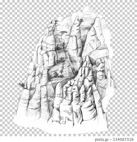 A mountain range with trees growing on it. Isolated pencil illustration for wallpaper, poster printing, eco-projects, nature reserve websites, and interior design of restaurants, lobbies,hotel rooms. A mountain range with trees growing on it. Isolated pencil illustration for wallpaper, poster printing, eco-projects, nature reserve websites, and interior design of restaurants, lobbies,hotel rooms. 134087316