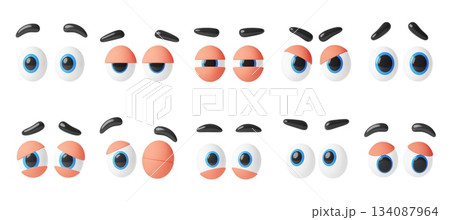 3d cartoon eyes, mascot character comic eyeballs with blue pupils, black eyebrows and eyelid variations. Vector set of animated emotions for comic character avatars, gaming graphics and stickers 134087964