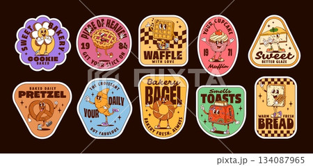 Groovy label stickers with bakery characters. Vector set of playful baked goods, nostalgic and fun cookies, waffles, cupcakes, bread and toaster, each with cheerful expressions and retro typography 134087965