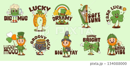 Irish St Patrick day y2k groovy stickers with cartoon cheerful leprechauns, shamrocks, gold coins, beer mug, rainbow and quirky text captions. Vector festive patches for holiday decor and celebrations 134088000