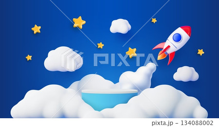 3d round kids podium vector stage. Red and white rocket flying among fluffy white clouds and golden stars in a blue sky. Childlike podium pedestal for children presentation, product showcase 134088002