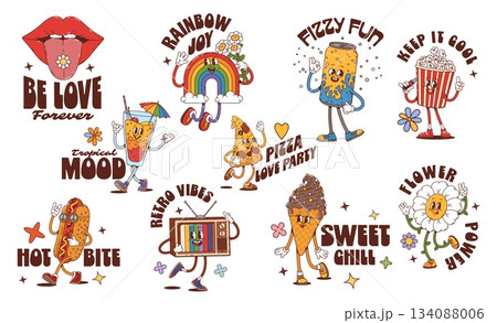 Y2k groovy stickers of soda can, hot dog, pizza, funny popcorn, ice cream, happy rainbow, cocktail, daisy flower, lips and tv characters. Retro cartoon hippie personage patches with vintage 70s vibes 134088006