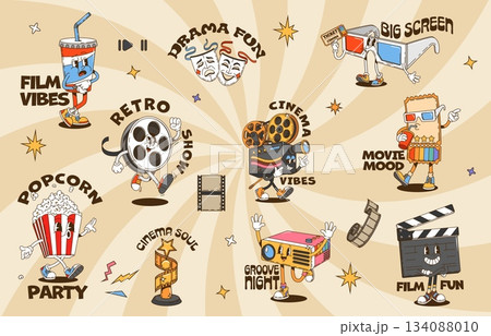 Movie cinema Y2K groovy stickers with funky funny characters, cartoon vector set. Groovy movie characters stickers with cinema camera, clapperboard and popcorn with funky face and good mood quotes 134088010
