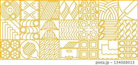 Noodle pasta modern geometric pattern with line vector ornament showing Italian food shapes, pasta forms, noodles and cooking elements arranged in yellow linear grid. Vintage retro linear background 134088013