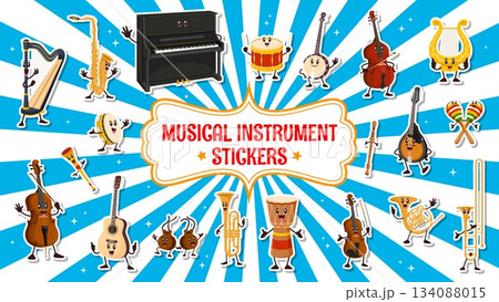 Musical instrument characters stickers pack of harp, piano and saxophone, drums, violin, trumpet, guitar and maracas. Vector cartoon cello, tambourine, flute, percussion, tuba for festival and party 134088015