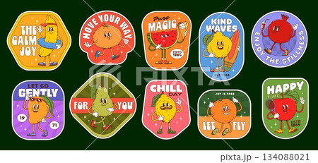 Ripe fruits hippie groovy label stickers, retro patches. Vector set of banana, orange, watermelon, pear and lemon, pomegranate, mango and apple y2k characters promoting positivity, calm and good vibes 134088021