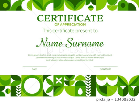 Ecology business certificate with geometric pattern. Vector modern diploma of appreciation template with green leaf patterns. Document layout for eco friendly or nature themed recognition events Ecology business certificate with geometric pattern. Vector modern diploma of appreciation template with green leaf patterns. Document layout for eco friendly or nature themed recognition events 134088032