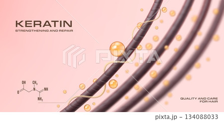 Shampoo keratin repair and hair roots. Molecule of oil protect and care hair follicle health, serum for scalp and skin great solution for damage hair. Luxury elegant banner with keratin formula 134088033
