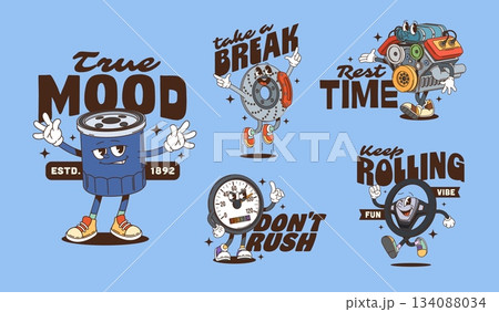 Retro groovy car spare parts characters stickers and vehicle detail personages t shirt prints. Automotive oil filter, brake disc, engine, speedometer and steering wheel with sneakers and fun slogans 134088034
