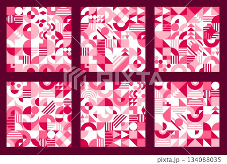 Valentines day geometric pattern tile background. Vector retro modern ornament in shades of pink, white and red, featuring mix of shapes like circles, triangles, squares and lines on a maroon backdrop 134088035