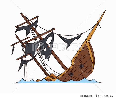 Cartoon pirate ship sinking in the ocean with torn black sails and broken mast. Wooden sunken vessel with skull flag and waves. Groovy vector shipwreck corsair adventure, sea danger and pirate history Cartoon pirate ship sinking in the ocean with torn black sails and broken mast. Wooden sunken vessel with skull flag and waves. Groovy vector shipwreck corsair adventure, sea danger and pirate history 134088053