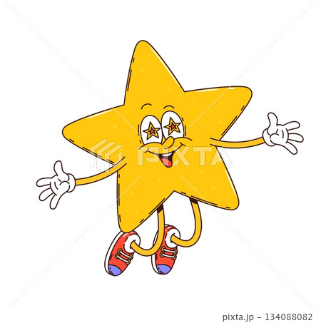 Cartoon groovy star character smiles brightly, jumps and spreads arms. Vector happy hippie twinkle star personage in retro sneakers and gloves full of fun and positivity, y2k vintage charm, funky vibe 134088082