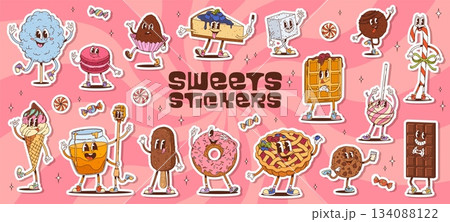 Stickers pack of retro groovy sweets and desserts characters. Psychedelic pastry food and candies vector personages of chocolate cake, ice cream and cookie. Cute groovy fruit pie, donut and waffle 134088122
