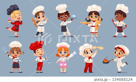 Kid cook chefs, cooking children in toque. Adorable cartoon vector kids dressed in colorful uniforms, each holding cooking tools, pastries or ingredients, conveys cooking, fun and culinary exploration Kid cook chefs, cooking children in toque. Adorable cartoon vector kids dressed in colorful uniforms, each holding cooking tools, pastries or ingredients, conveys cooking, fun and culinary exploration 134088124