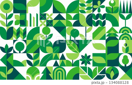 Ecology geometric pattern background. Vector environmental green abstract mosaic with natural shapes, patterns and elements of nature in shades of green symbolize sustainability and ecological harmony Ecology geometric pattern background. Vector environmental green abstract mosaic with natural shapes, patterns and elements of nature in shades of green symbolize sustainability and ecological harmony 134088128