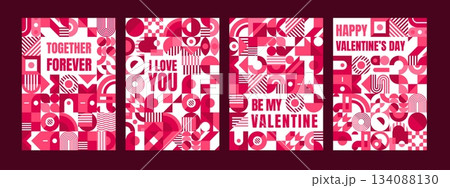 Happy Valentine day posters with geometric pattern of heart shapes, vector greeting cards. Valentine day love holiday quotes of Together Forever and Be my Valentine with red and pink geometric pattern 134088130