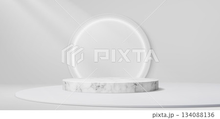 White marble podium stage with round platform and LED light for product display, vector studio showroom. Podium with white marble stage and light circle for exhibition showcase or display background 134088136
