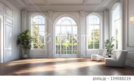 Light fills the elegant room with white walls and hardwood flooring, revealing a transparent view 134088219