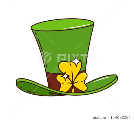 Cartoon St Patrick day groovy leprechaun green top hat Irish holiday accessory. Isolated vector retro whimsical cylinder cap in vibrant emerald hue, adorned with golden shamrock or clover plant buckle 134088264