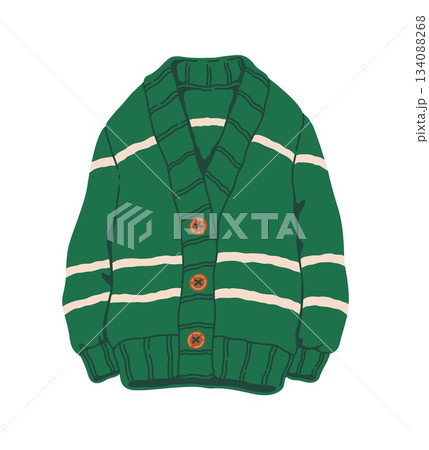 Winter wardrobe green cardigan, warm outfit. Winter warm cardigan outdoor clothing item, autumn or spring wardrobe outfit isolated vector sticker. Cold weather garment cartoon element or accessory Winter wardrobe green cardigan, warm outfit. Winter warm cardigan outdoor clothing item, autumn or spring wardrobe outfit isolated vector sticker. Cold weather garment cartoon element or accessory 134088268