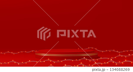 Valentines day red vector podium stage with smooth glossy surface stands and sparkling garland with glowing light bulbs. Pedestal podium for product presentation, festive holiday promotion Valentines day red vector podium stage with smooth glossy surface stands and sparkling garland with glowing light bulbs. Pedestal podium for product presentation, festive holiday promotion 134088269