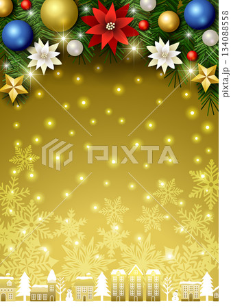 クリスマス背景、街並み、玉飾り、金、キラキラ、かわいい、イラスト、縦 クリスマス背景、街並み、玉飾り、金、キラキラ、かわいい、イラスト、縦 134088558