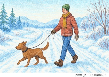 雪道を愛犬と散歩する男性イラスト 雪道を愛犬と散歩する男性イラスト 134088696