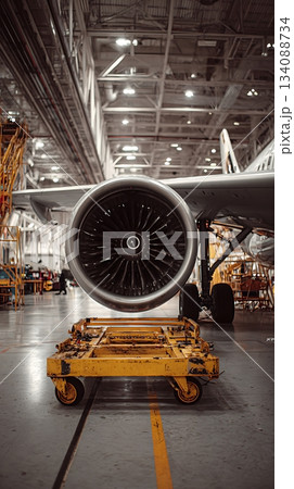 Airplane Engine Inspection Aircraft Maintenance in Hangar with Tool Cart Visible Below Airplane Engine Inspection Aircraft Maintenance in Hangar with Tool Cart Visible Below 134088734