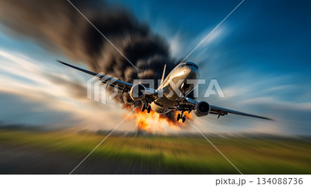 Airplane Flying Over Explosion, Smoke, and Fire With Blurry Background and Motion Blur Airplane Flying Over Explosion, Smoke, and Fire With Blurry Background and Motion Blur 134088736